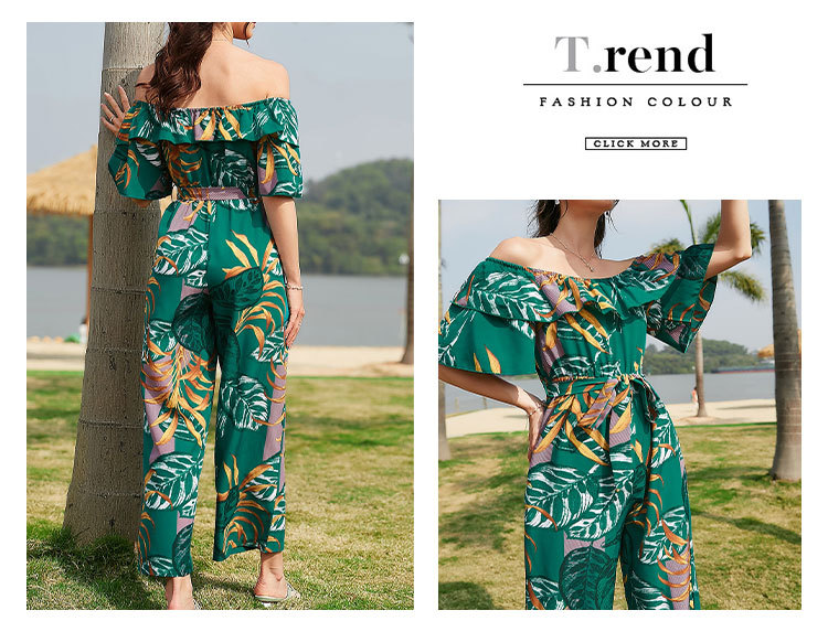 Women Clothing Fashion off-Shoulder Floral Jumpsuit Summer Short Sleeve Chiffon Vacation Beach Jumpsuit