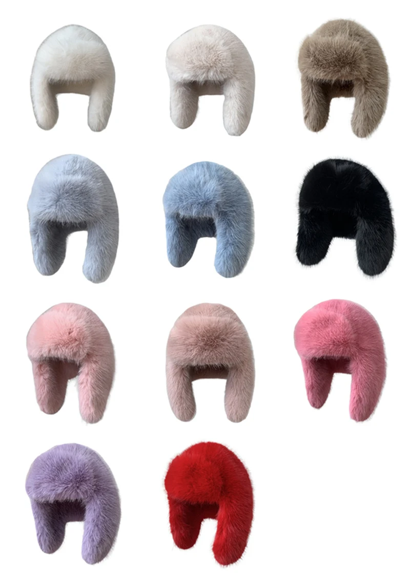 Winter Women Fluffy Furry Faux Fox Fur Bomber Hats Flaps Luxury Vintage Y2k Girls Warm Earflap Snow Ski Hat Caps Russian