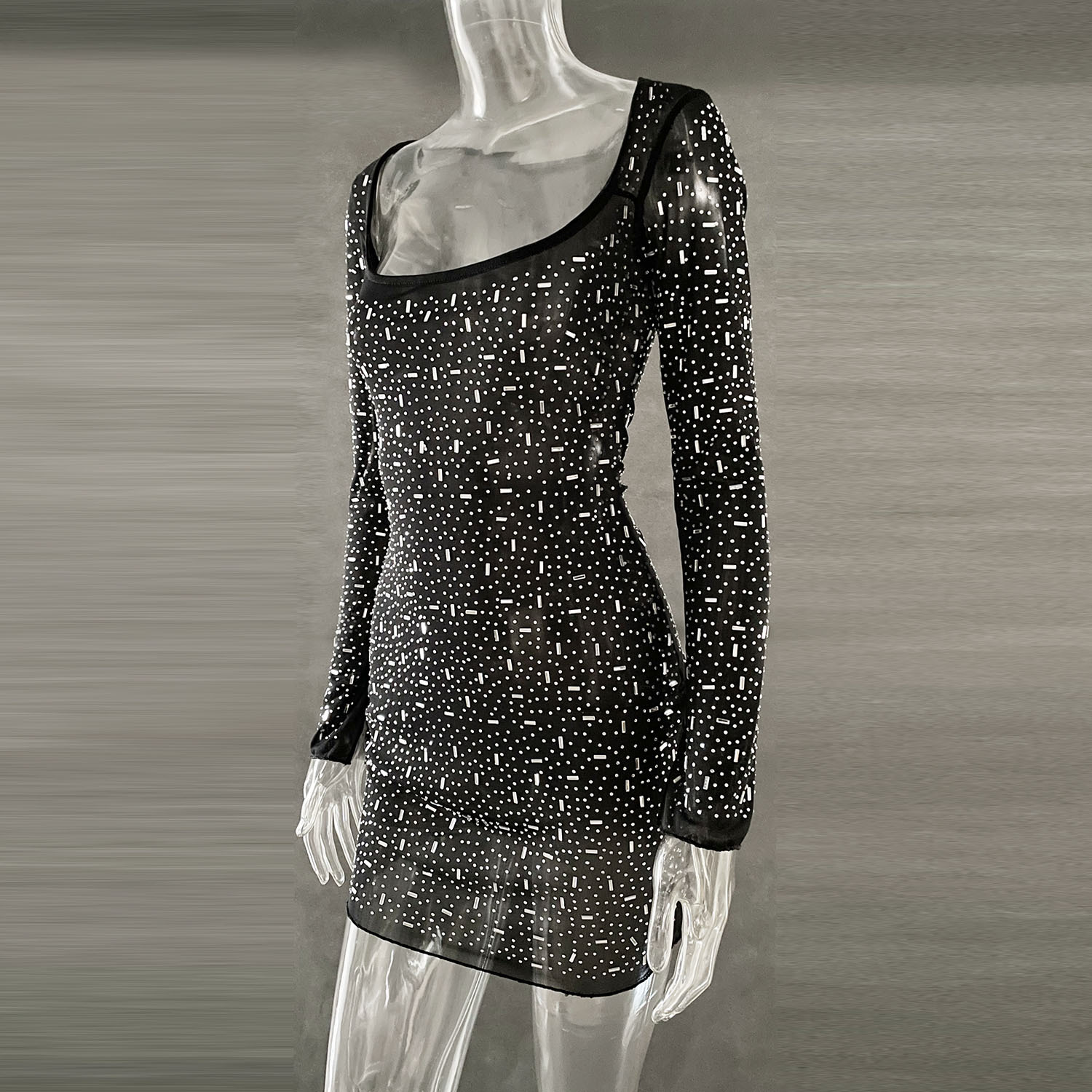 Best Women Clothes Sequined Rhinestone Sexy Semi See through Long Sleeve Short Dress