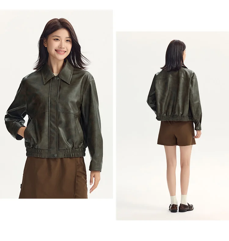 Coat Women Collar Loose Cool Style High Street Autumn New Retro Textured Cool PU Leather Jacket