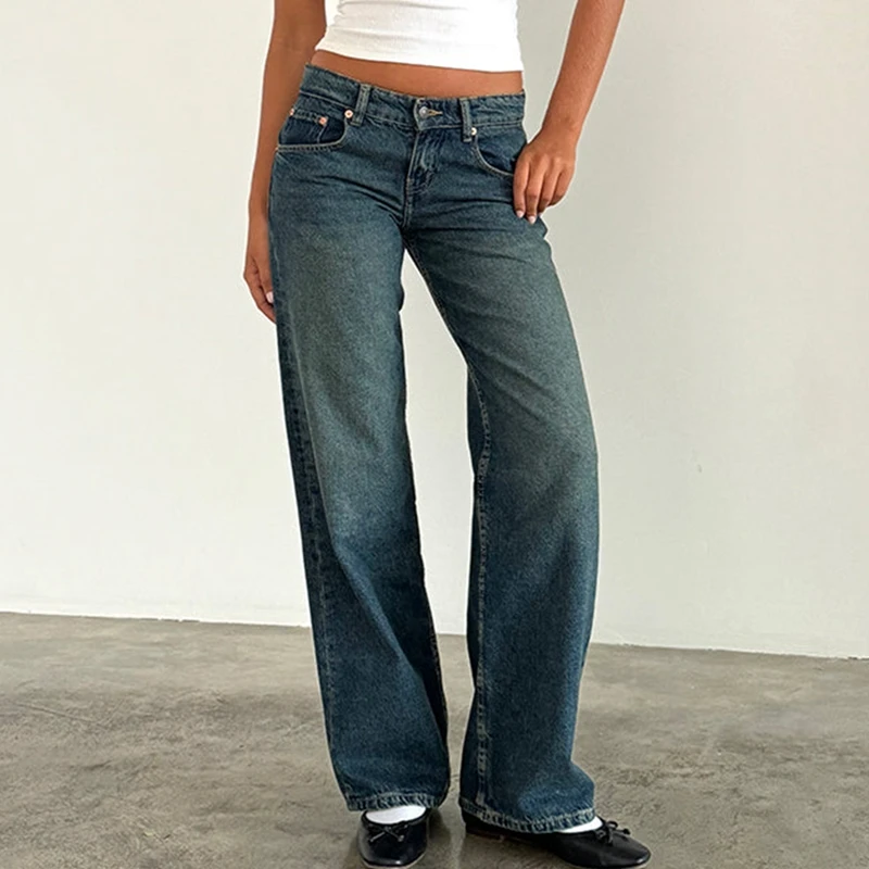 Women Y2K Wide Leg Denim Pants Baggy Low Waist Boyfriend Jeans Casual Vintage Loose Fit Jeans Trousers Cyber Grunge Streetwear