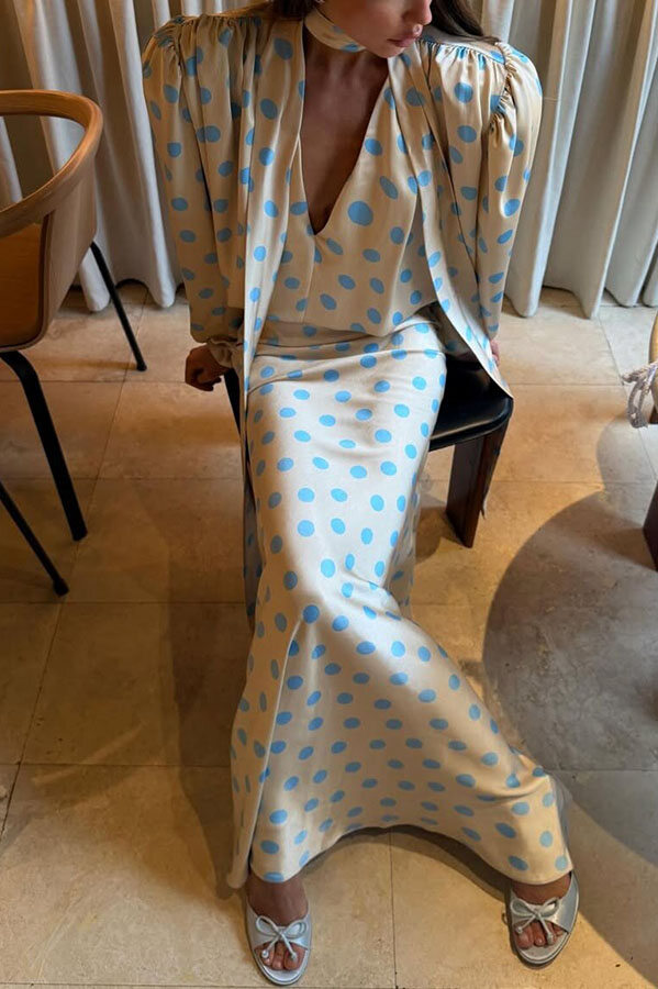 Vayla Satin Colorblock Polka Dot Print Tie-up Neck Balloon Sleeve Loose Blouse
