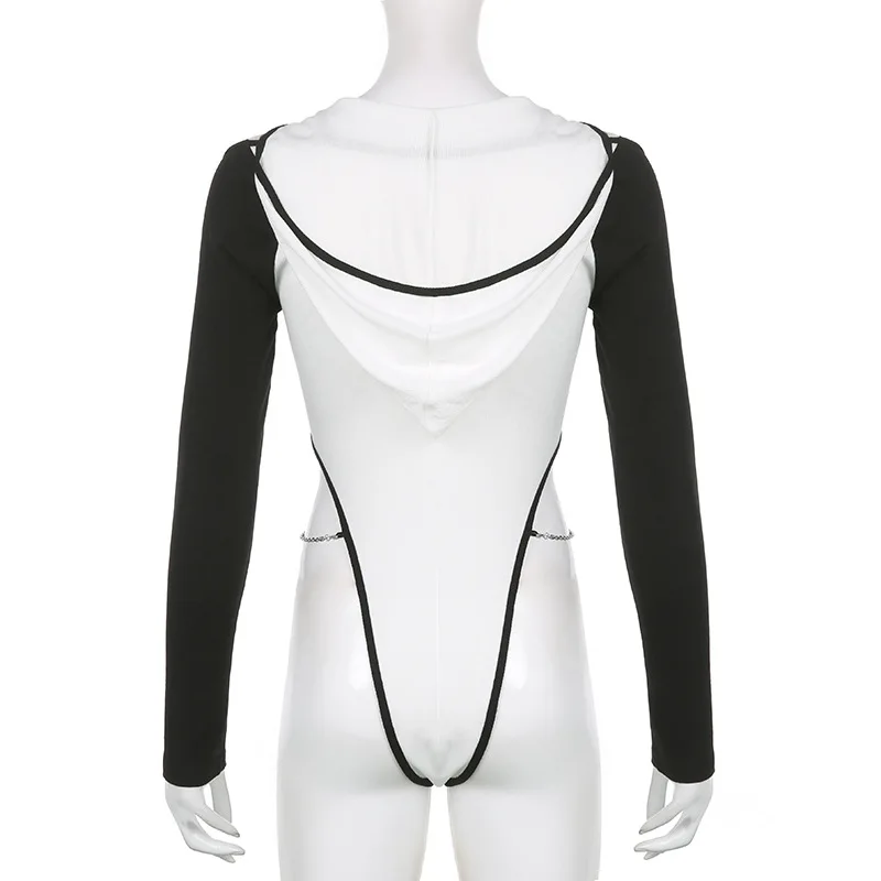 Print Bodysuit Off Shoulder Hooded Corset Tops Women Festival Clothing Lingerie Sexy One-Pieces Rave Outfit Chain Body Feminino
