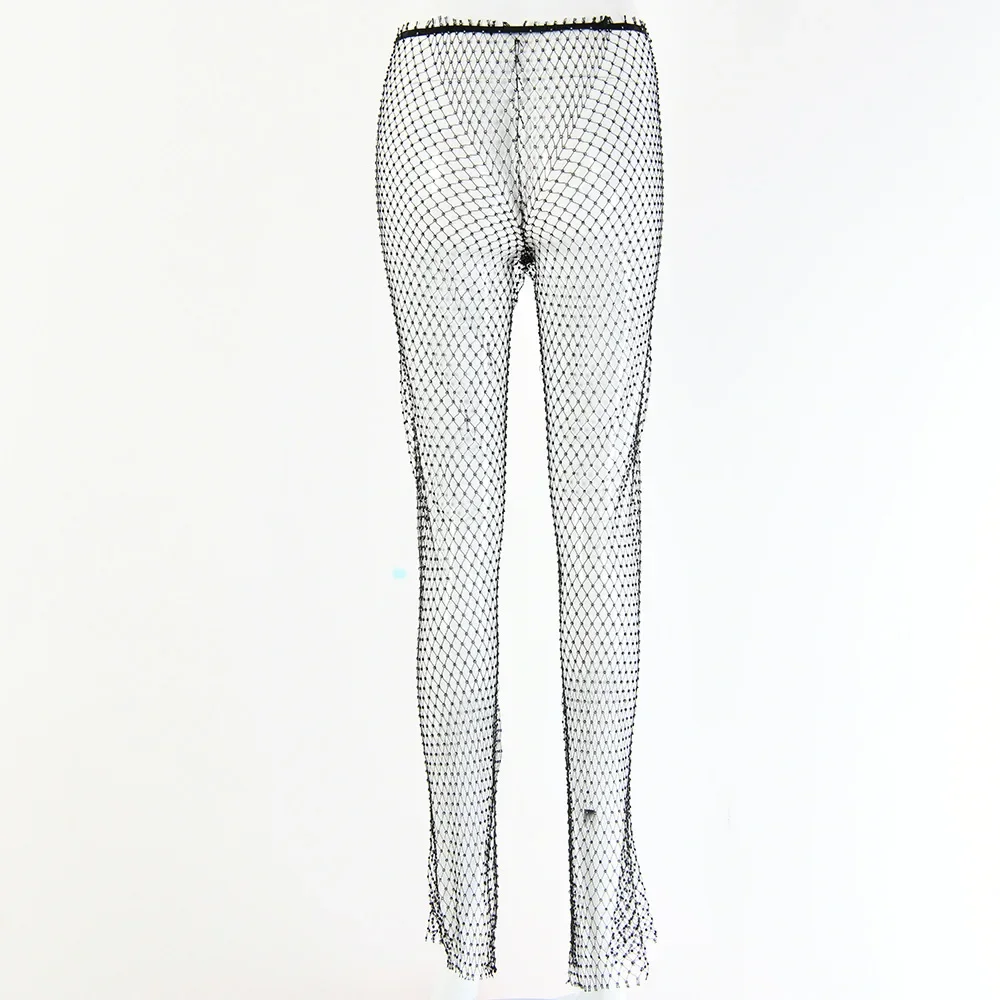 Rhinestone Braid Leggings Women Side Slit Hollow Out Fishnet Stockings Party Sexy Girl Club Sparkling Pant Woman 2025 New