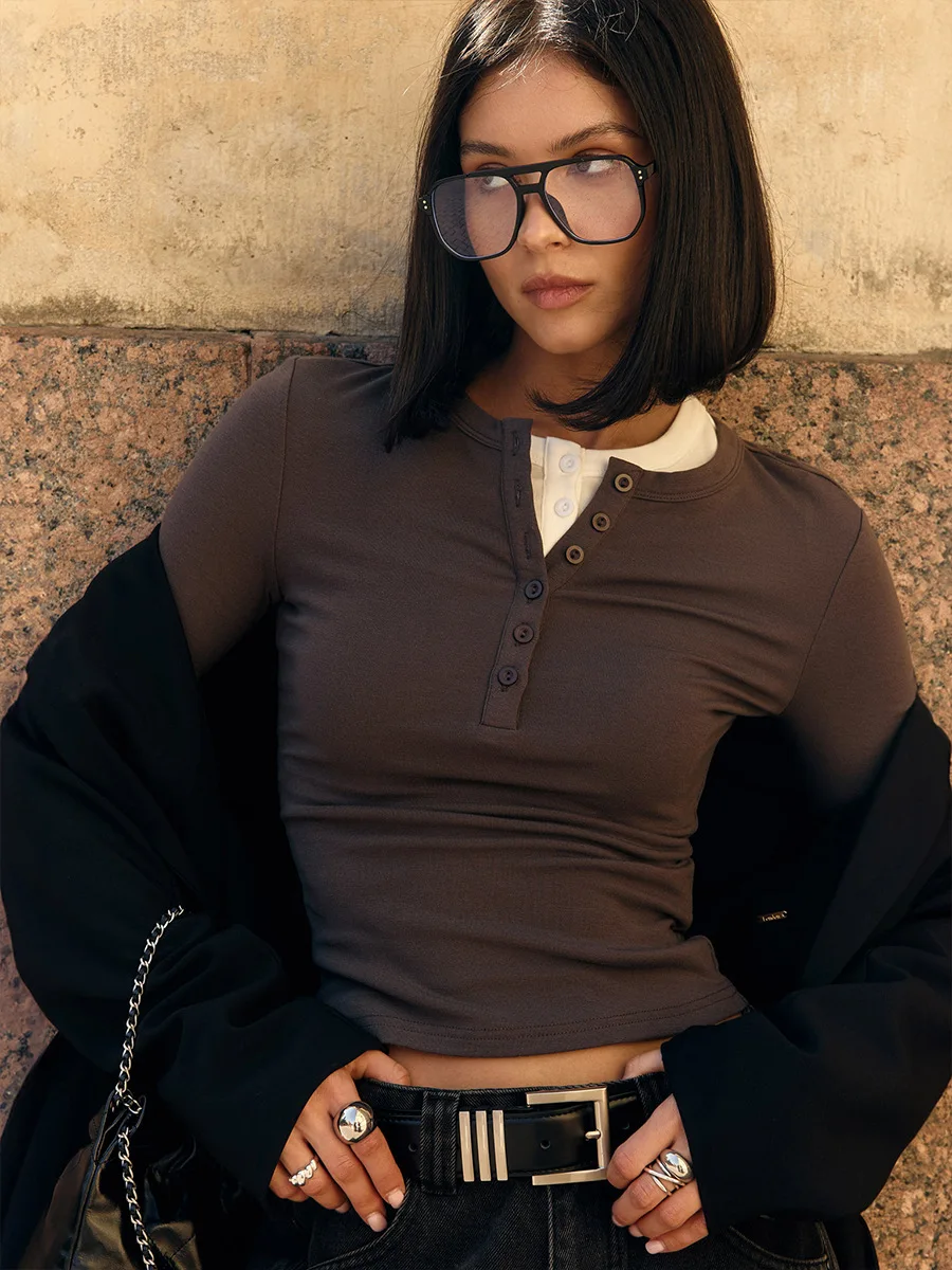 Spring Casual Patchwork T-shirt Pullover For Women Long Sleeve High Waist Inner Slim Y2k Top Clothes Female Solid Tee Top