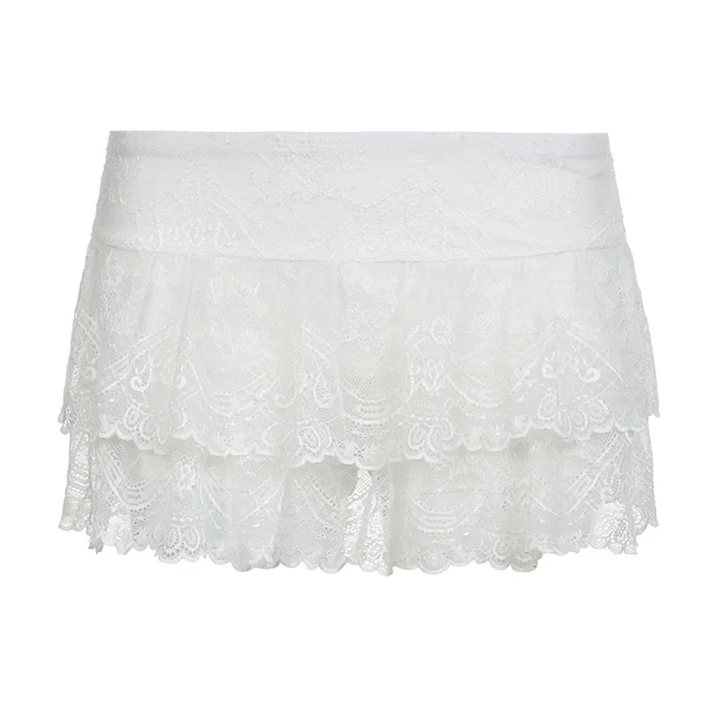 y2k Lace Skirt Women Fairycore Clothing Elastic Low Waist Tiered Skirt Lolita Kawaii Skirts 2000s Clothes Streetwear