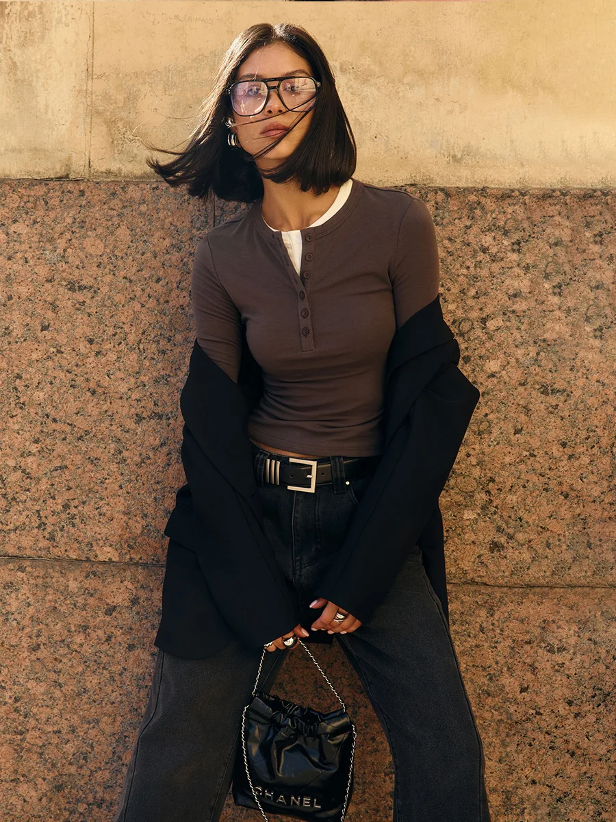 Spring Casual Patchwork T-shirt Pullover For Women Long Sleeve High Waist Inner Slim Y2k Top Clothes Female Solid Tee Top