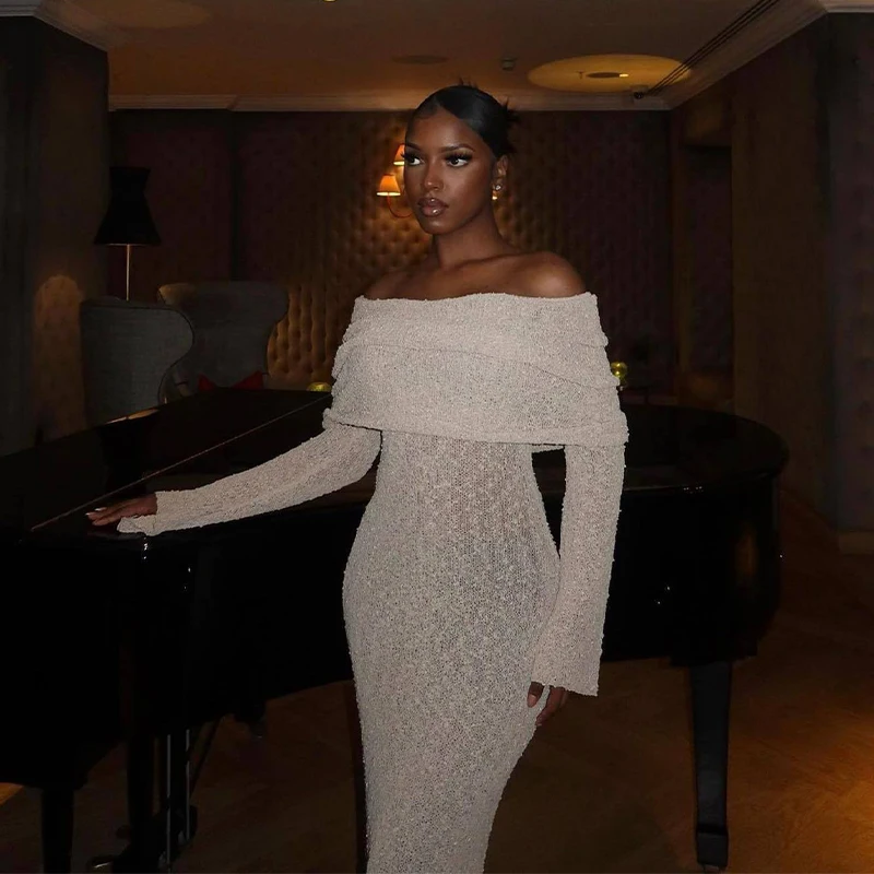 Beach Knitted Off The Shoulder Long Dress Women Slim Flare Sleeve Hollow Out Maxi Dresses 2025 Summer Lady Hip Package Robes