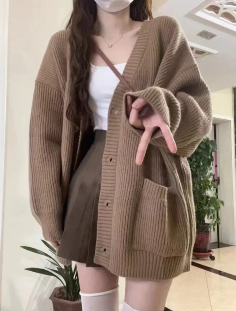 Women Sweater Cardigans Coats Autumn Winter Fashion Female Long Sleeve V-neck Loose Knitted Jackets Casual Cardigan Sweaters