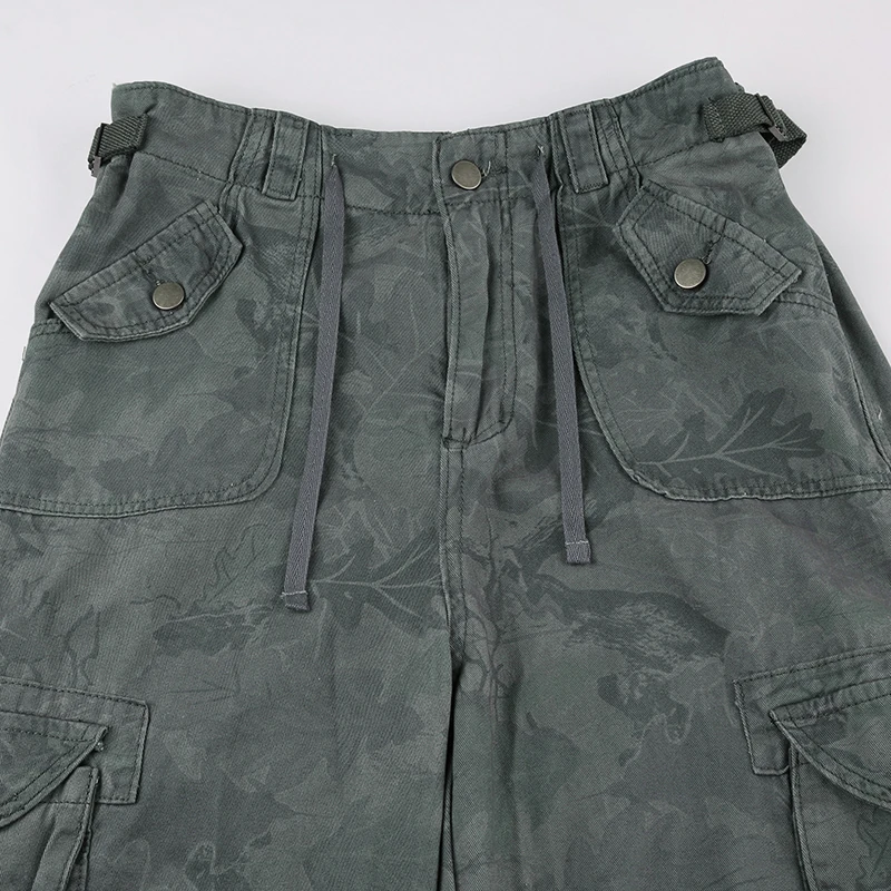 Print Camouflage Cargo Jeans Women Pockets Mid Waist Vintage Preppy Hippie Straight Denim Pants