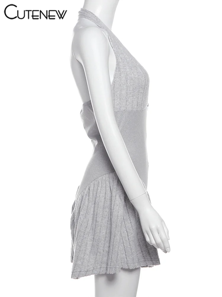 Patchwork Halter Playsuits Women Casual Striped Sleeveless V-neck Zip-up Cleavage Slim Rompers Female Concise Summer Wea