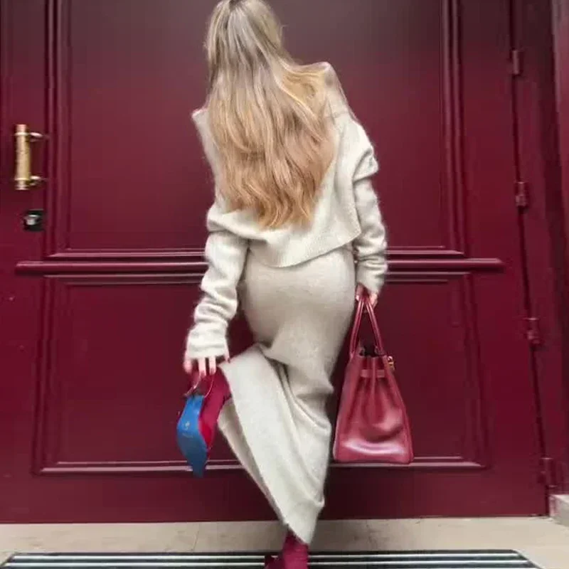 Knitted Skirt 2 Piece Set Women's One-Shoulder Long Sleeves Sweater Pullover Elegant Slim Fit Long Skirt Suit Autumn New