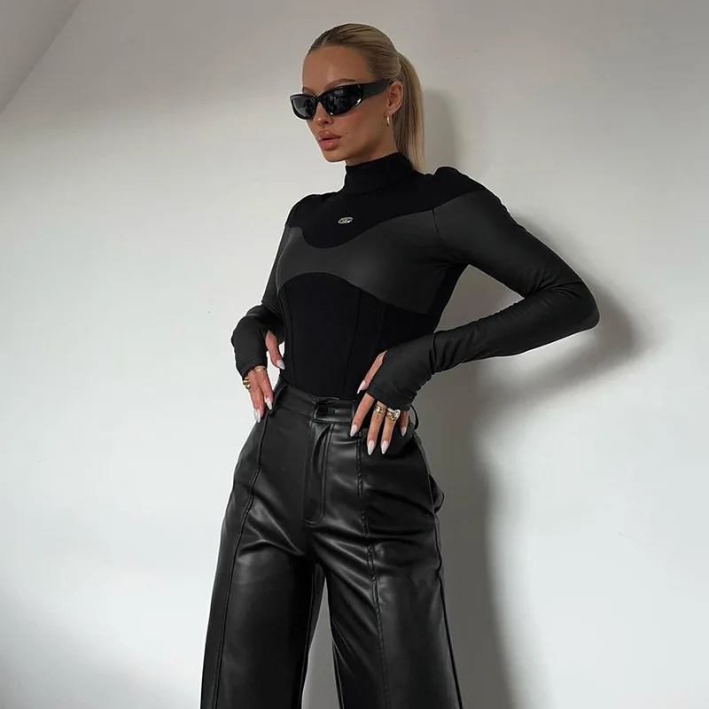 Long Sleeve Bodycon Lenceria Femenina Turtleneck Lingerie Sexy Body Feminino Black Tops Women PU Patchwork One-Pieces Bodysuit
