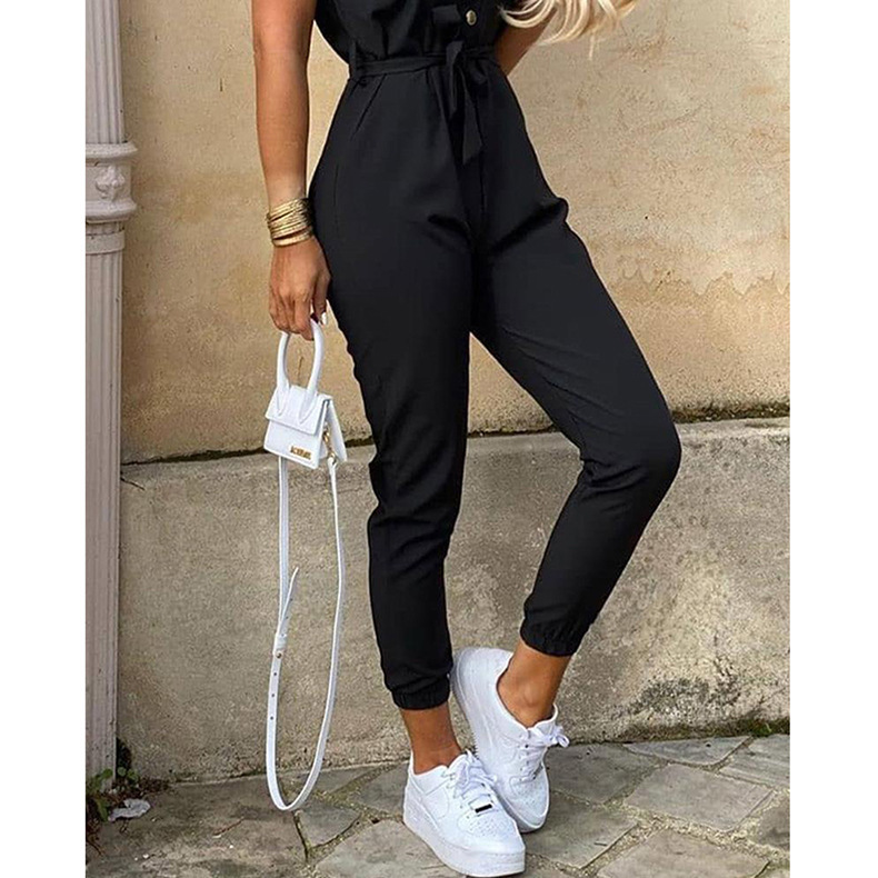 Women Clothing Trousers Casual Collared Button Printed Belt Cargo Overalls Plus size