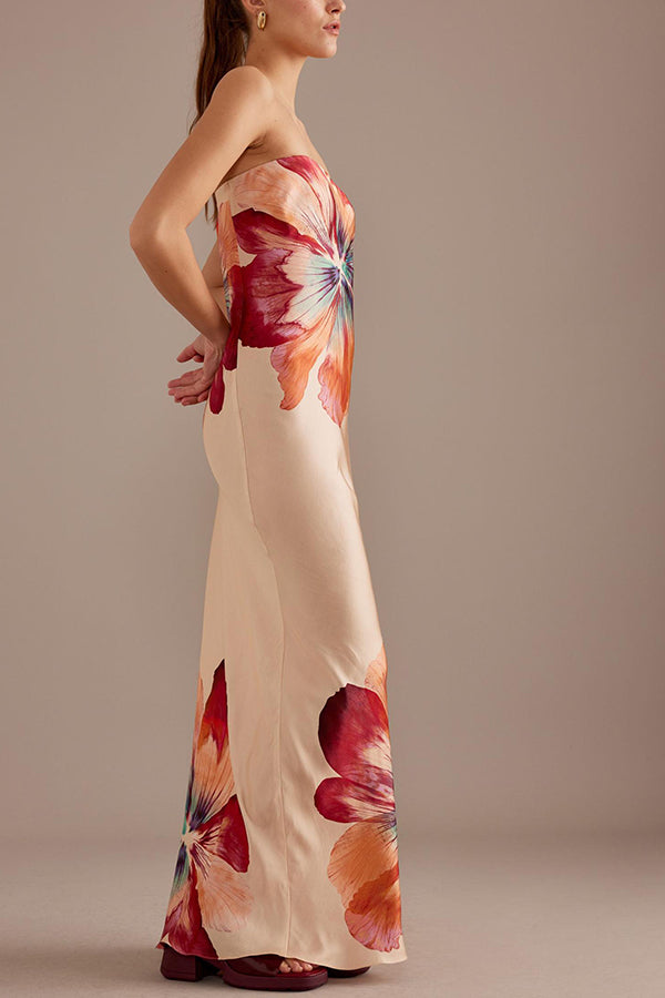 Charming ladies strapless waist cinching satin printed lace up loose long dress