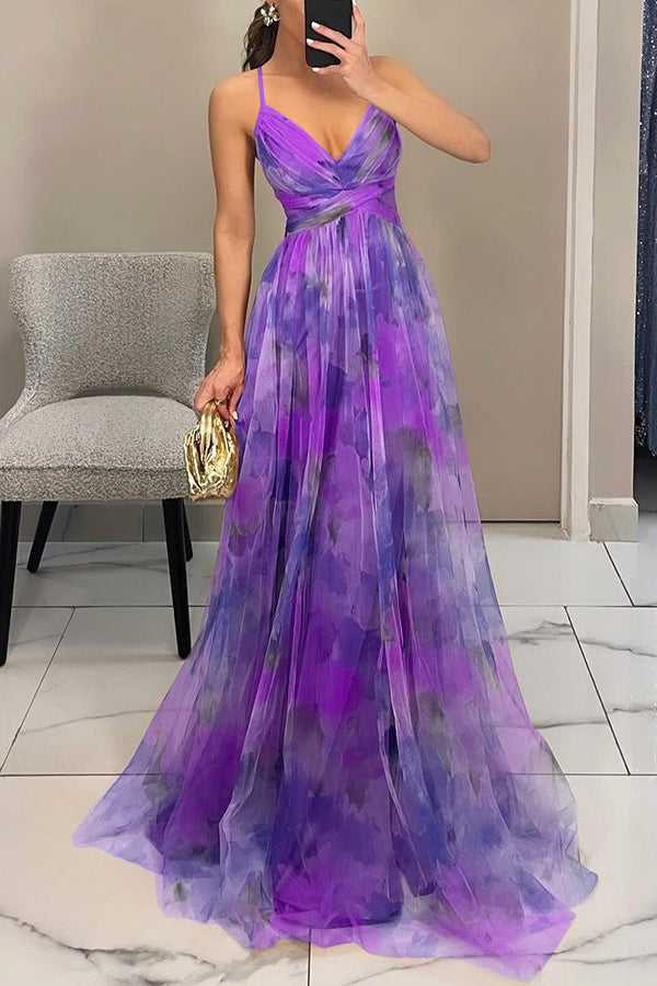 Ladies' summer princess chiffon printed hollow sexy waist and back lace up long dress