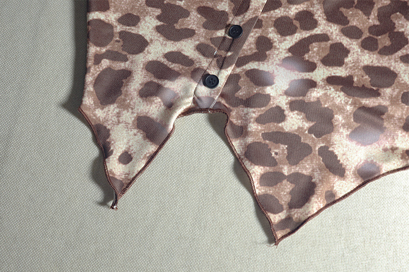 Women's Wear Leopard Print Micro Transparent Blouse Pants Asymmetric off Shoulder Long Sleeve Top Short Pants Two Pieces