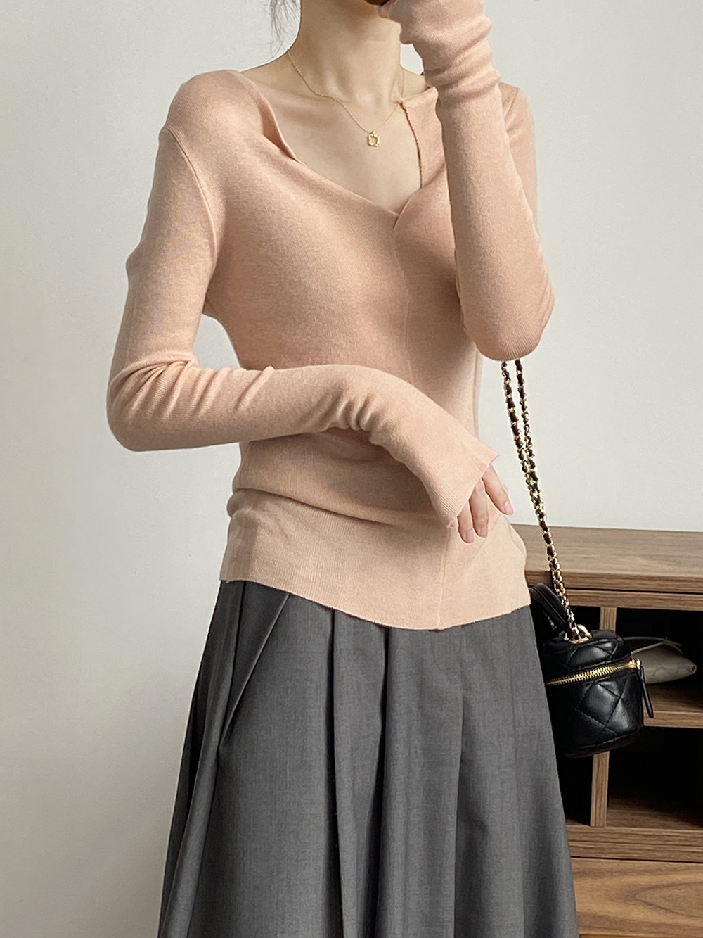 French V Neck Open Sweater Spring Inner Wear Elegant Slim Fit Long Sleeve Top