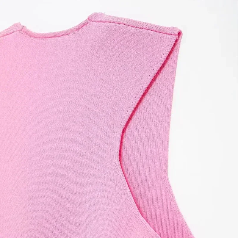 Elegant Knit Short Vest for Women V Neck Single Breasted Sleeveless Waistcoat Pink Top Female New Lady Classic Streetwear