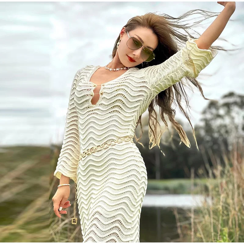 Beach Knit Hollow Out Maxi Dress Women Solid Flare Sleeve Lace-Up See-Through Holiday Dresses Female 2025 Summer Lady Slim Robes