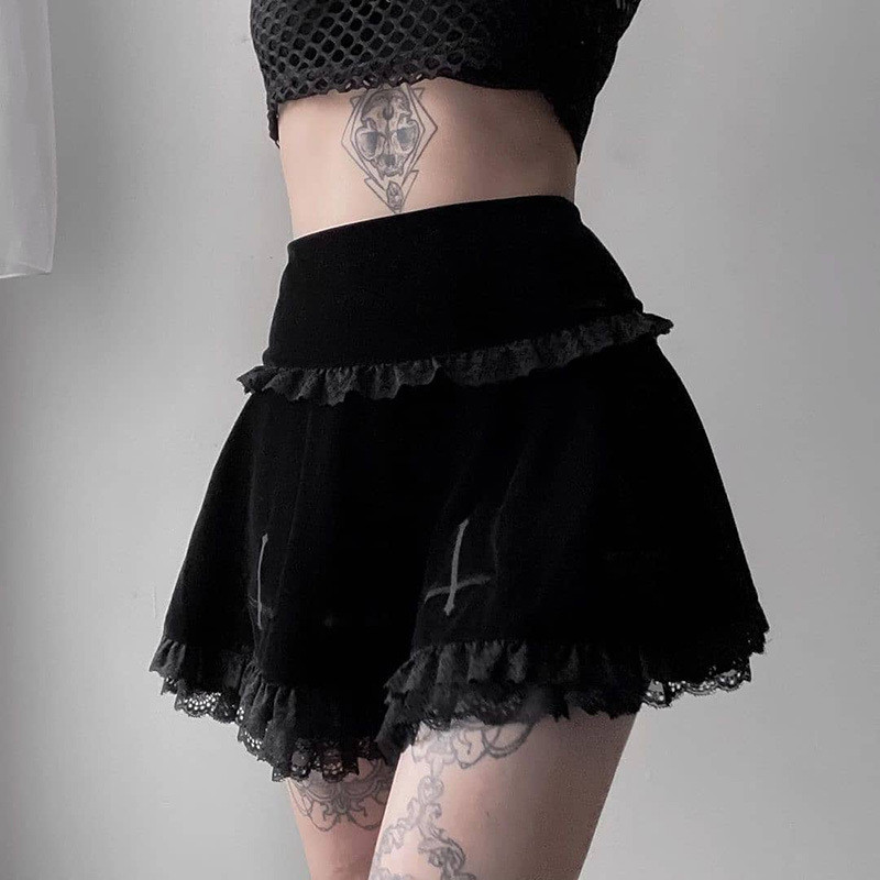 Punk Cross Pattern Mini Skirt Y2K Grunge Gothic Black Lace High Waist Pleated A-line Skirt Vintage Women E-girl Clothes