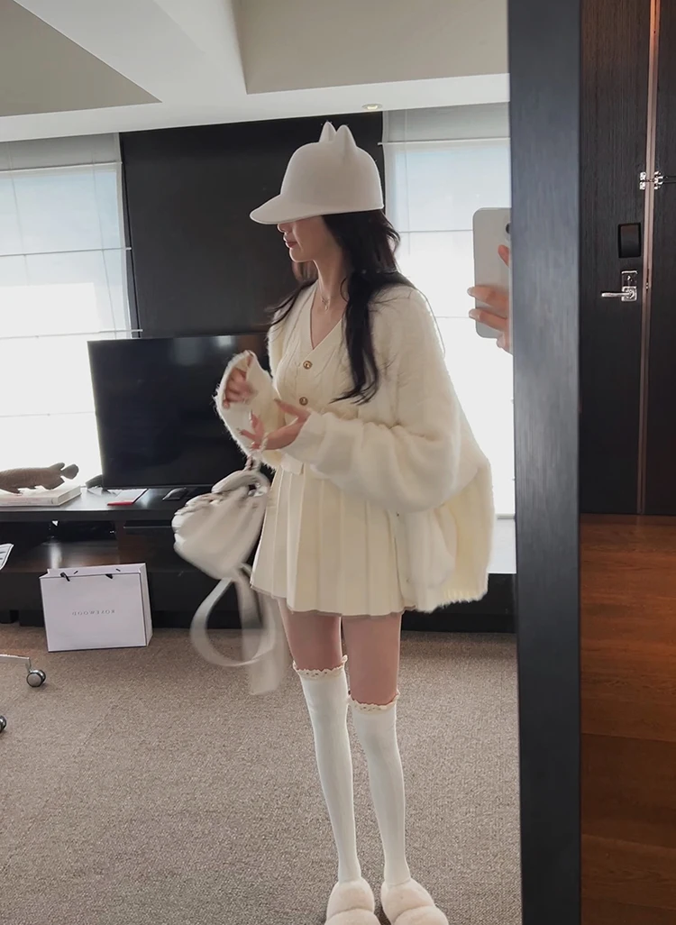 Autumn Knitted Two Piece Skirt Set Women Long Sleeve Single Breasted V-neck Top Mini Pleated Skirt Korean Chic Female Outfit New