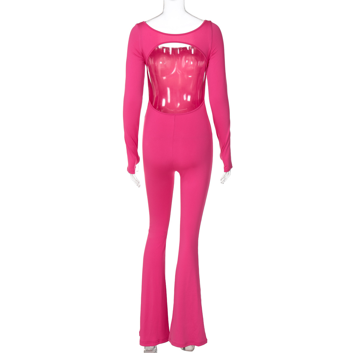 Sports Solid Color One Piece Trousers U Neck Long Sleeved Backless Fleece Jumpsuit Women Clothing Autumn