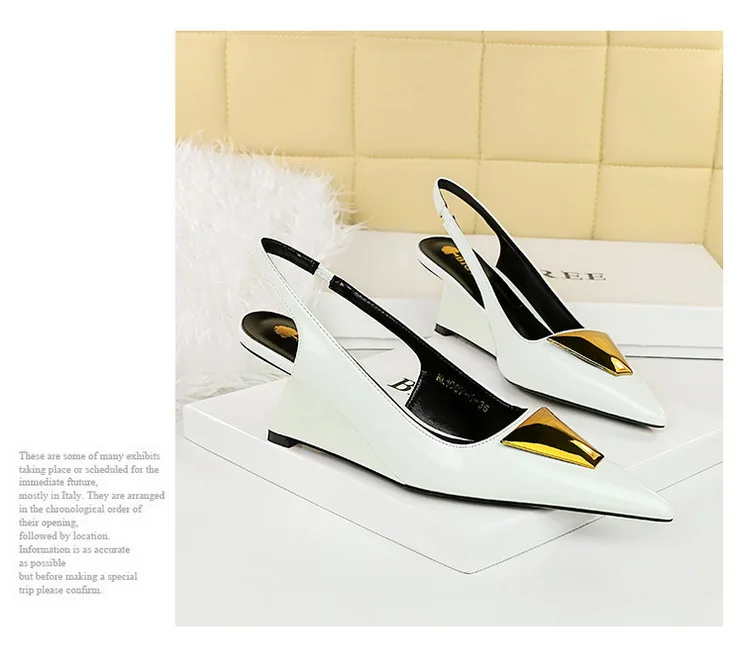 Patent Leather High Heels Wedges Shoes Lady Trendy Pumps Pointed Toe Hollow Back Strap 6.5 Cm Women Sandals White Heels Shoes
