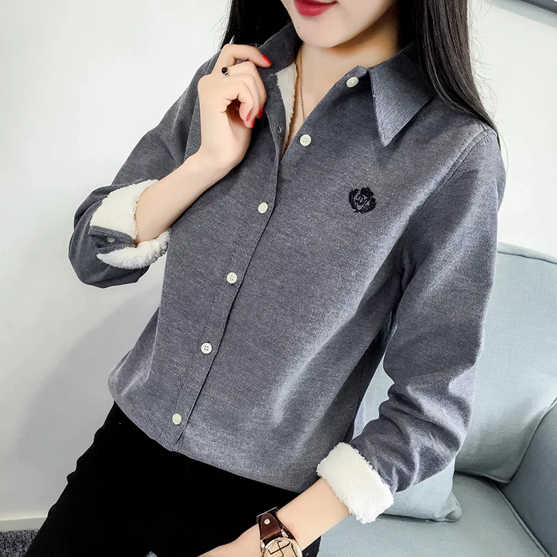 Very Thick Women Winter Style Blouses Shirts Lady Casual Long Sleeve Turn-down Collar Velvet Blusas Tops DF3161