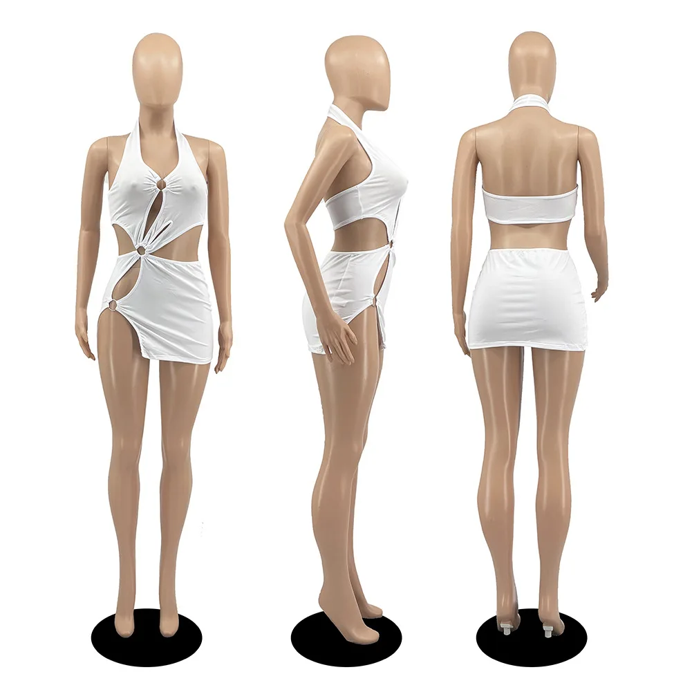 European and American women's Y2K milk silk solid color short skirt sexy sleeveless hollow out dress