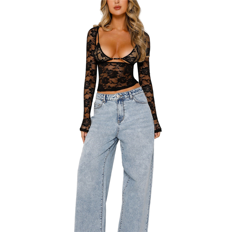 Aesthetic Long Sleeve Top Women See Through Floral Lace Tshirt with Bra Crop Tee Grunge Clothes y2k Clothing Streetwear