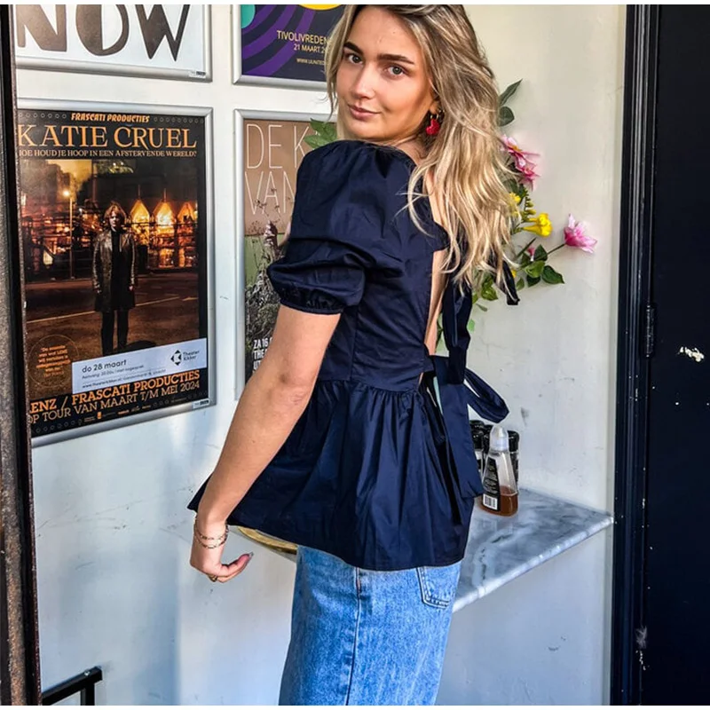 Vintage Lace Up Puffy Sleeve Shirts Women Elegant Solid Backless Square Collar Shirt Female Summer Sweet Fashion Street Tops