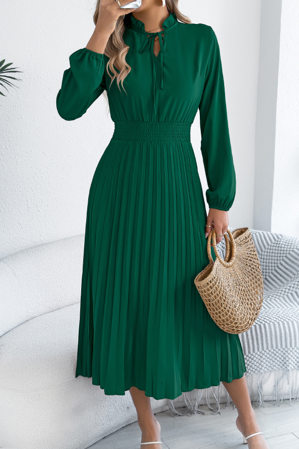 Solid Color Long-sleeved Fitted Waist Pleated Elegant Midi Dress