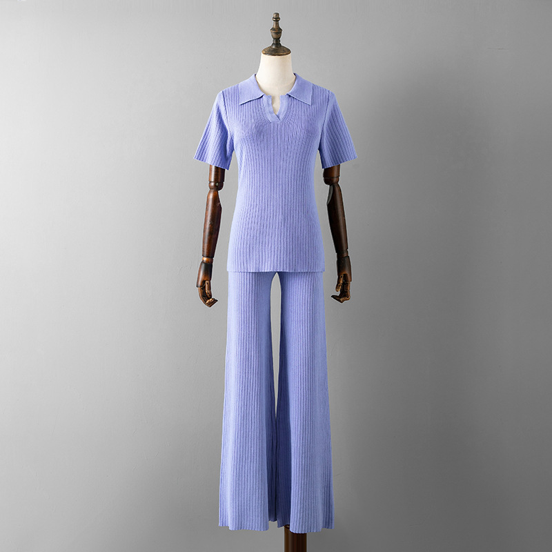 Women Clothing Polo Collar Pullover Short Sleeve Top Slimming Solid Color Wide Leg Trousers Knitted Suit