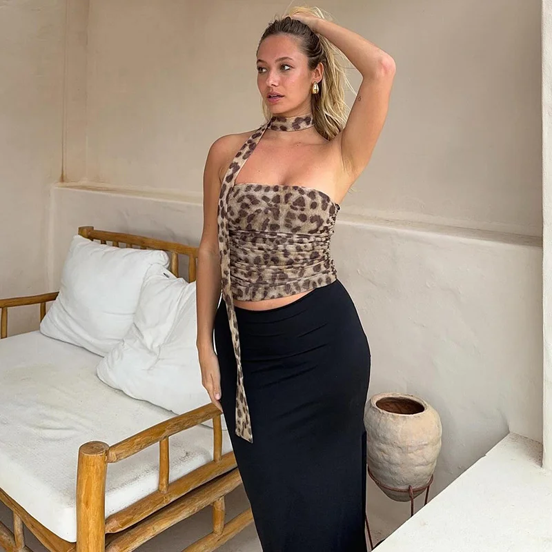 Women Tulle Leopard Print Top with Bandeau Off-the-shoulder Straight-cut Neckline Summer Casual Girls for Summer Blouse