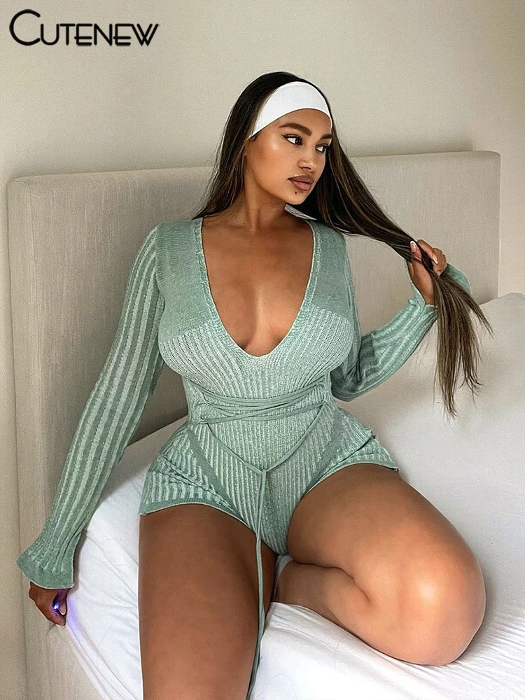 Stripe Knit Women Playsuits Classic Fashion Full Sleeve Low V-neck Bandage Slim Rompers Crochet Women Mujer Attirewear