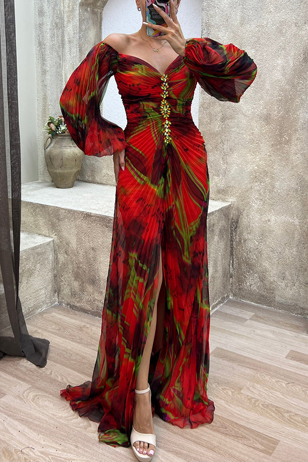 Sunset Serenade Printed Off Shoulder Embellished Pleated Slit Maxi Dress