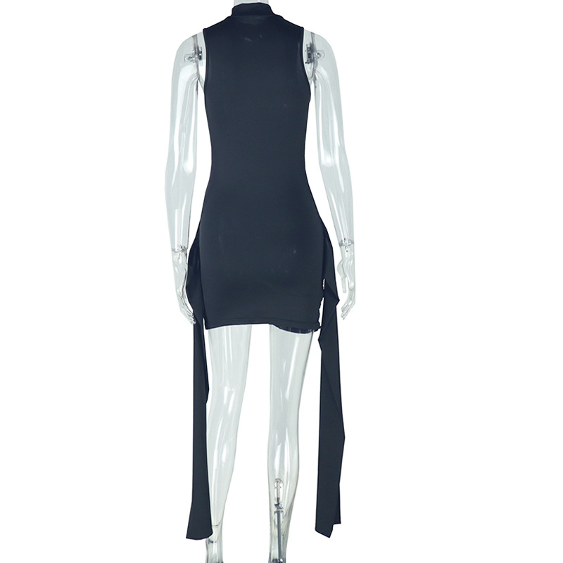 Personality Women Wear Pleated Stitching Tied Slim Fit Bag Hip Dress Casual Solid Color Stand Collar Short Dress