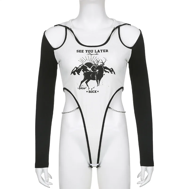 Print Bodysuit Off Shoulder Hooded Corset Tops Women Festival Clothing Lingerie Sexy One-Pieces Rave Outfit Chain Body Feminino