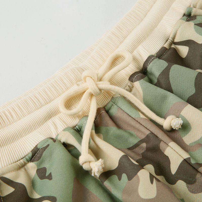 Casual Contrast Color Cinched Hoodie Long Sleeve Sweatshirt Sweatpants Two Piece Camouflage Cardigan Coat Trousers Sets