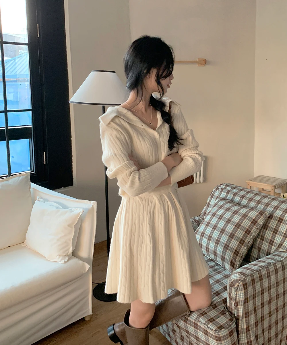 Korean Fashion Two-piece Set Women Pullover Turn-down Collar Crop Top Mini Skirt Solid Casual Suit Autumn New Knitwear Outfits