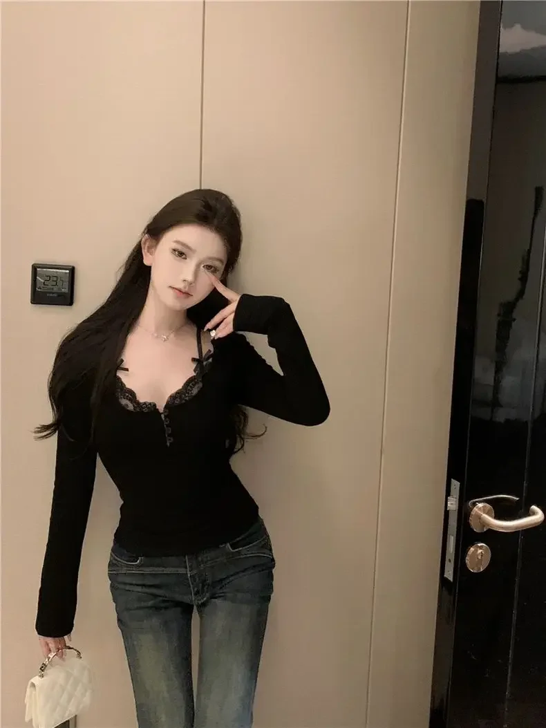 Sweet Lace Stitching V-neck Skinny Top Pink Coquette Aesthetic Slim-fit Long Sleeve Knitted T-shirts Cute Casual Tees