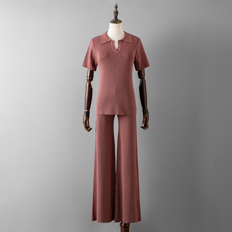 Women Clothing Polo Collar Pullover Short Sleeve Top Slimming Solid Color Wide Leg Trousers Knitted Suit