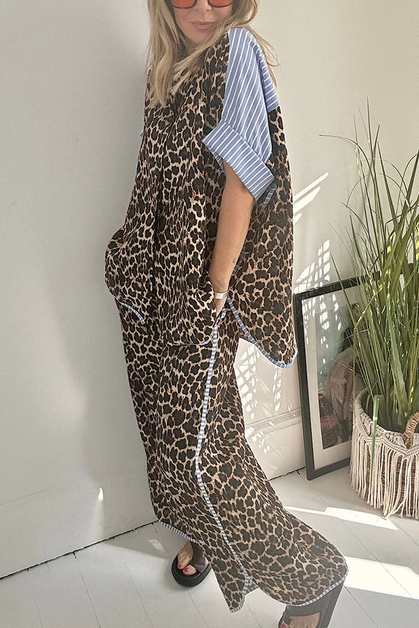 Comfortable Leopard Stripes Colorblock Print Oversized Shirt and Elastic Waist Pocket Loose Pants Set
