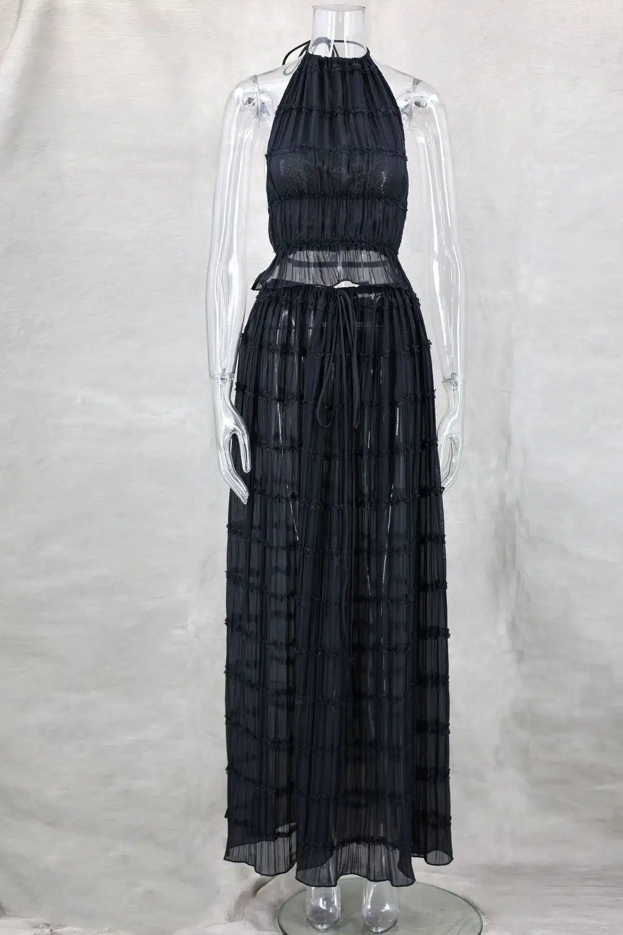 Bandage Fashion 2 Piece-Set Maxi Skirt Female Ruffled Summer Lace Elegant Streetwear Halter Top And Long Skirt Women Sets