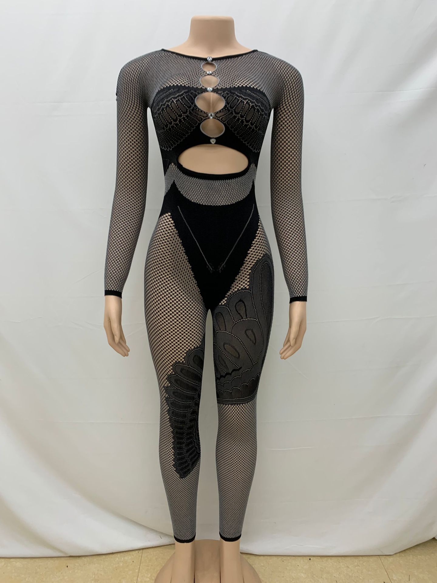 Women Clothing Solid Color Tight Rhinestone Slim Fit Long Sleeved Trousers Contrast Color One Piece Trousers
