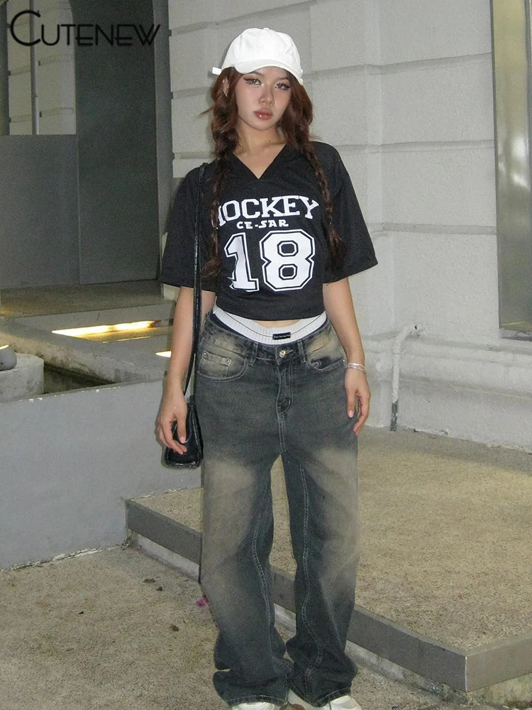 Basic Wild Women T-shirts Summer Casual Summer New Short Sleeve V-neck Loose Tees Printed Basic Female Street Sporty Top