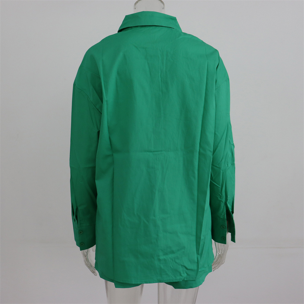 Spring Summer Two Piece Set Solid Color Single Breasted Long Sleeve Collared Shirt Shorts Loose Casual Set