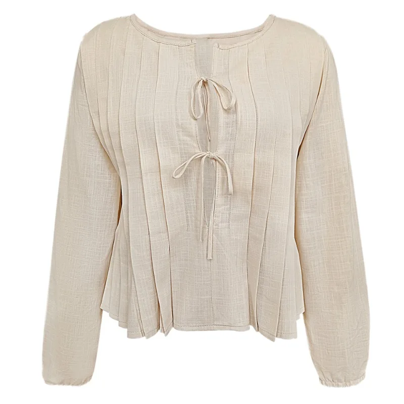 Patchwork Fashion Lace-Up Shirts Top For Women Hollow Out Casual Bandage Solid Elegant Long Sleeve Top Female Cropped Tee