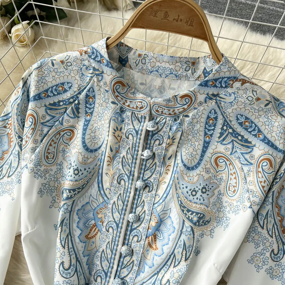 New Women Vintage Party Dress Fashion Long Sleeve Single Breasted Stand Collar Elegant Printed Long Dresses Spring Autumn Robe